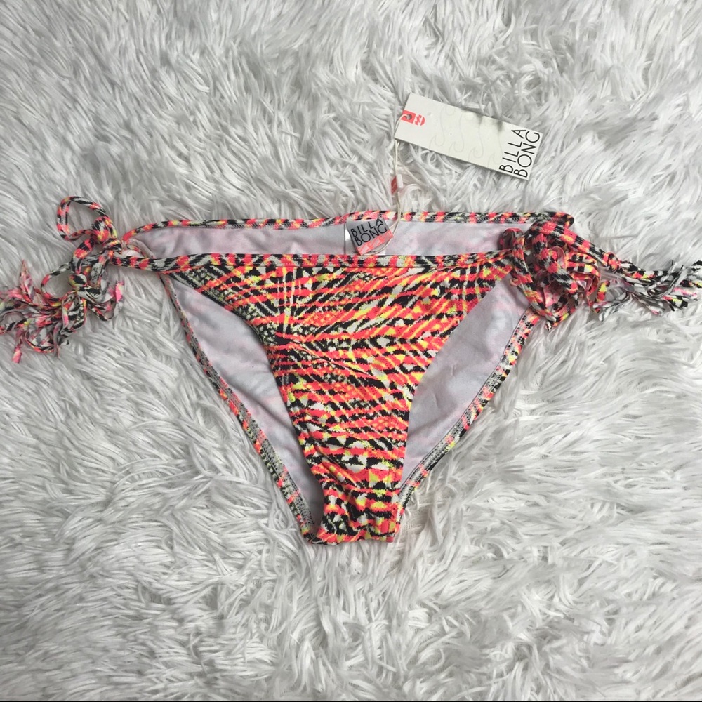 NEW NWT Billabong Bikini Bottoms Swim Fringe Tie Tribal Pink Black Neon Small
